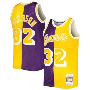 Accattivante Classico Prestigioso Magic Johnson Los Angeles Lakers Hardwood Classics 1984/85 Split Swingman Jersey Purple/Gold  per i veri fan
