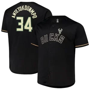 Accattivante Trendy Resistente Giannis Antetokounmpo Milwaukee Bucks Profile Big & Tall Name & Number Button Up Jersey Black  per i veri fan