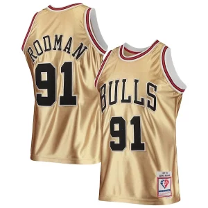 Magnifico Dennis Rodman Chicago Bulls 75th Anniversary 1997/98 Hardwood Classics Swingman Jersey Gold  per i veri fan