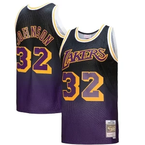 Ottimo Delizioso Magic Johnson Los Angeles Lakers 1984/85 Hardwood Classics Fadeaway Swingman Player Jersey Purple/Black/Gold  per i veri fan