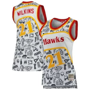 Trendy Pratico Dominique Wilkins Atlanta Hawks Women's 1986 Doodle Swingman Jersey White  per i veri fan